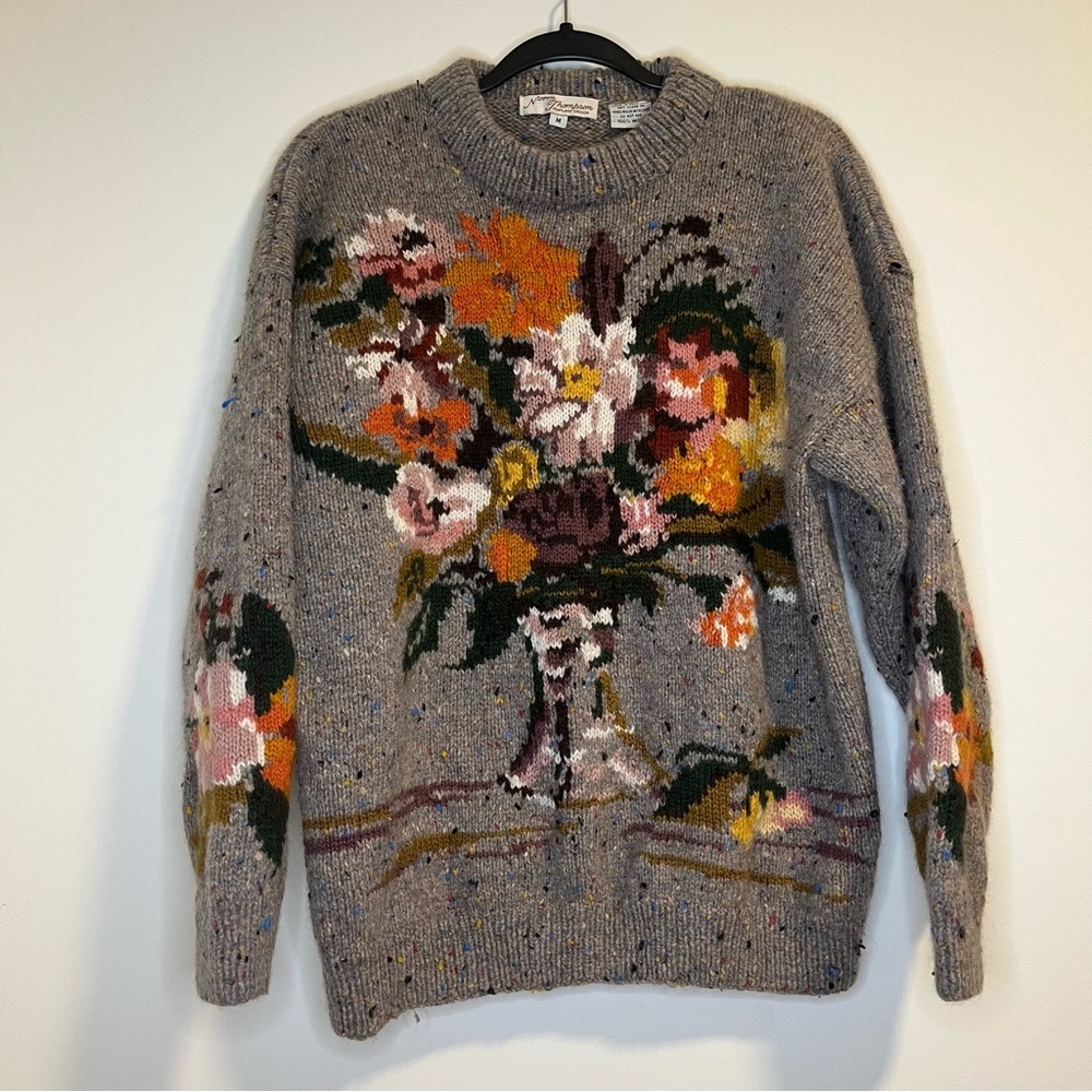 Vintage Norm Thompson Multicolor Floral Speckled 100% Wool Sweater